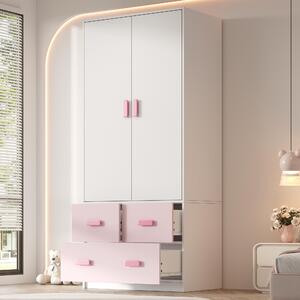 Armadio angolare Flieks, armadio a 2 ante, armadio per bambini con asta appendiabiti e 3 cassetti, 80x48x180 cm, bianco, rosa