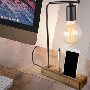 DecHome Lampada da Scrivania Stile Moderno Legno Naturale Porta Cellulare Fessure per Penne Attacco E27 Dimensioni 24x39 cm colore Nero - Vito
