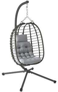 Outsunny Sedia Sospesa in Rattan a Uovo con Cuscino e Poggiatesta, Altezza Regolabile e Seduta Richiudibile, Grigio