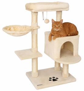 Tiragraffi lionto 93 cm con grotta, abbeveratoio, palla da gioco e paletti in sisal, albero per gatti compatto, beige