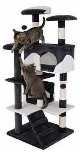 Tiragraffi per gatti lionto, albero tiragraffi e giochi da 130 cm con 2 grotte, scale, 3 aree di riposo e paletti in sisal, grigio/bianco