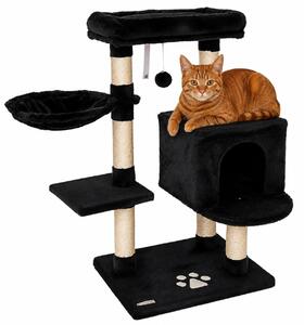 Tiragraffi lionto 93 cm con grotta, abbeveratoio, palla da gioco e paletti in sisal, albero per gatti compatto, nero
