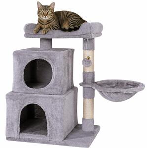 Tiragraffi per gatti lionto, 70 cm con 2 grotte, mangiatoia, lettino e palla da gioco, robusto e accogliente, grigio chiaro