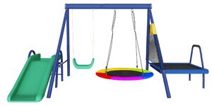 Set altalena multifunzionale per esterni con scivolo, trampolino, altalena a nido rotonda e altalena in plastica, 333x198x183 cm, Antico blu