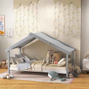 DecHome Letto per Bambini a Casetta 213x100x140 cm in Legno di Pino Tetto Stellato in Tessuto colore Grigio