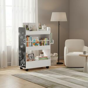 DecHome Libreria per Bambini 3-8 Anni a Due Lati, Scaffale Portagiochi con Ruote e Lavagna Nera colore Bianco