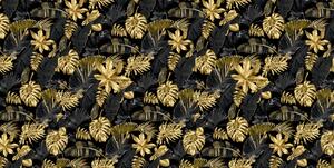 Tessuto fantasia impermeabile foglie di palma dorate su sfondo nero MIGD20801, altezza 160 cm