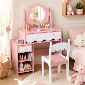 Costway Toeletta trucco bambina con sedia e specchio girevole, Tavolo da toeletta con ampio piano 2 cassetti 2 scomparti e ripiano regolabile per cameretta
