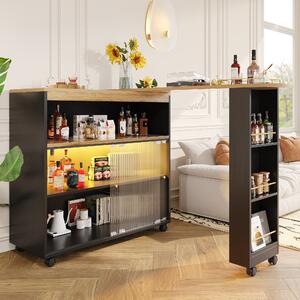 Moderno tavolo bar estensibile e mobile, con LED, grande spazio di stoccaggio, adatto a cucine, ristoranti e bistrot, 138-204×39×105 cm, Nero