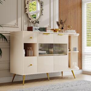 Credenza portaoggetti autoportante，con Ante in Vetro e Luci LED, 130×40×80 cm, Beige