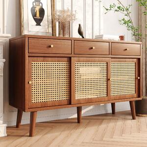 Credenza con 3 cassetti e 3 ante scorrevoli, ante con intreccio di rattan, ripiani regolabili, 120×40×78 cm, Colore noce