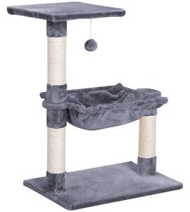 PawHut Tiragraffi per Gatti Multilivello con Amaca e Pallina, Legno e Peluche, 50x36x70cm, Grigio|Aosom