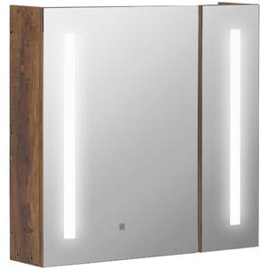 Kleankin Specchiera Bagno con Luci LED Regolabili, 2 Ante e Mensola Regolabile, 70x15x65cm, Marrone|Aosom