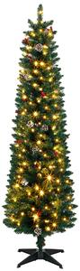 Albero di Natale Slim Ø55x180 cm con 170 Luci LED Bicolore 351 Rami Pigne Bacche Rosse e Telecomando in PVC Verde