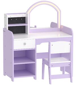 AIYAPLAY Set Toeletta Trucco Bambina 2 in 1 con Sgabello e Specchio, Luci a 2 Colori, Portagioielli, Cassetto, Viola | Aosom Italy