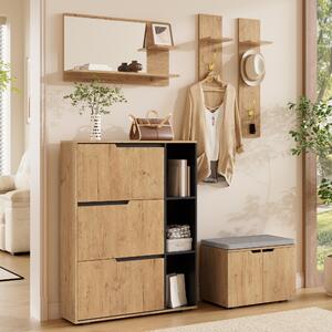 Set di armadietto con spazio per scarpe, che include un armadietto per scarpe e una panca per scarpe, con ampio spazio di stoccaggio. Armadietto d'ingresso con specchio e ripiano, design naturale
