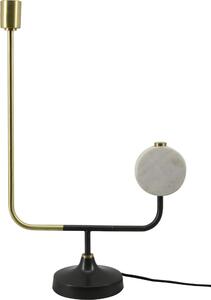 Lampada da tavolo Padiro, dimensioni 38 x 15 x 58 cm, colore bianco, realizzata in ferro con dettagli in marmo, presenta una struttura aperta e un dettaglio circolare in marmo