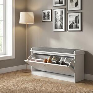 HOMCOM Panca Scarpiera a 2 Armadietti con Cuscino, in Tessuto Effetto Lino, Legno e Acciaio, 84x35x50 cm, Bianco
