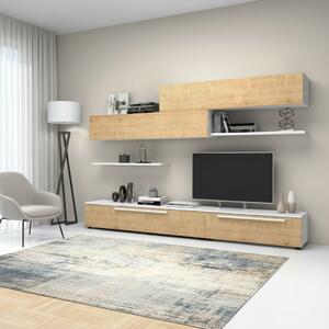 DecHome Parete Attrezzata Moderna Mobile TV + 2 Mobili a Parete + 2 Mensole Dimensioni 260x42x220 cm colore Rovere/Bianco - Kombat