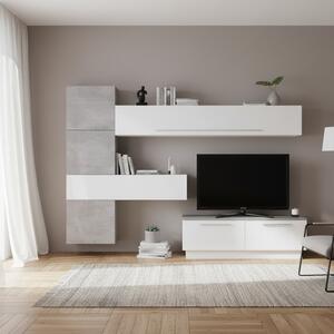 DecHome Parete Attrezzata Moderna Mobile TV + Mobile a Parete Dimensioni 265x200 cm colore Bianco Lucido/Beton - Austin