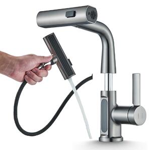 Miscelatore per lavabo Ari Atomic, colore antracite, con doccetta estraibile, indicatore di temperatura, 3 tipi di getto, rotazione a 360°, altezza regolabile