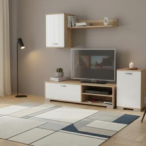 KITWOOD INDUSTRY Parete Attrezzata Moderna Mobile TV + Mobile Soggiorno + Mobile a Parete in Legno Dimensioni 138x40x30 cm colore Bianco / Rovere