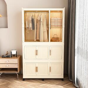 MODFU, armadio bianco, realizzato in plastica, con 9 ante magnetiche, sistema di stoccaggio modulare con 8 scomparti, armadio pieghevole con 6 ruote bloccabili, include 6 grucce