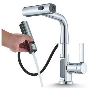 Miscelatore per lavabo Ari Atomic, cromato, con doccetta estraibile, indicatore di temperatura, 3 getti, rotazione a 360° e altezza regolabile