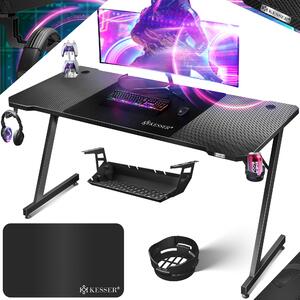 Tavolo da gioco KESSER® LED | Scrivania da gaming a forma di Z | Gancio per cuffie e rivestimento in carbonio | Scrivania ergonomica per PC | Tavolo stabile con tappetino per mouse e portabevande - 160 cm x 60 cm