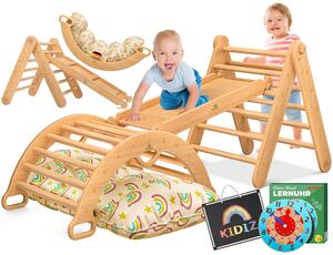 KIDIZ® Struttura per arrampicata Montessori a triangolo, set da gioco 7 in 1 in legno, parco giochi da interno per bambini da 1 a 3 anni, con cuscini, lavagna e orologio didattico inclusi