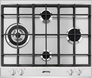 Smeg Piano Cottura 4 Fuochi a gas da Incasso (1 Bruciatore Wok Tripla Corona) Larghezza 60 cm colore Inox - P261XGH Serie Selezione