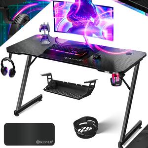 Tavolo da gioco KESSER® LED | Scrivania da gioco a forma di Z | Gancio per cuffie e rivestimento in carbonio | Scrivania ergonomica per PC | Tavolo stabile con tappetino per mouse e portabevande - 140 cm x 60 cm