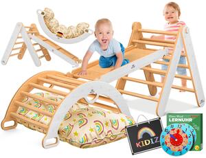 KIDIZ® Struttura per arrampicata Montessori a triangolo, set da gioco 7 in 1 in legno, parco giochi da interno per bambini da 1 a 3 anni, con cuscini, lavagna e orologio didattico inclusi
