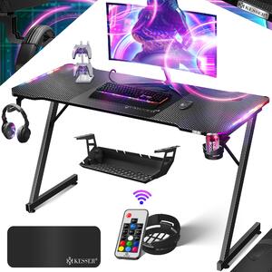 Tavolo da gioco KESSER® LED | Scrivania da gioco a forma di Z | Gancio per cuffie e rivestimento in carbonio | Scrivania ergonomica per PC | Tavolo stabile con tappetino per mouse e portabevande - 140 cm x 60 cm