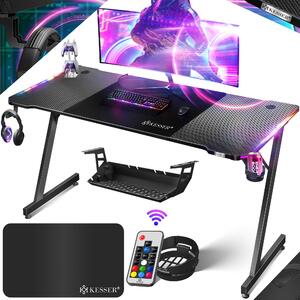 Tavolo da gioco KESSER® LED | Scrivania da gaming a forma di Z | Gancio per cuffie e rivestimento in carbonio | Scrivania ergonomica per PC | Tavolo stabile con tappetino per mouse e portabevande - 160 cm x 60 cm