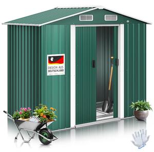 KESSER® XL Casetta in metallo 4,2 m³ con fondamenta | guanti da lavoro inclusi | 195x131x186 cm | 2 porte scorrevoli e fondamenta | Ripostiglio | Armadio da giardino | Tetto a due falde Ripostiglio da giardino