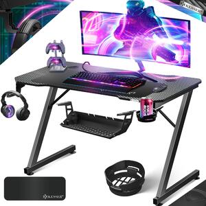 Tavolo da gaming KESSER® con LED | Scrivania da gaming a forma di Z | Gancio per cuffie e rivestimento in carbonio | Tavolo ergonomico per PC | Tavolo robusto con tappetino per mouse e portabevande - 100 cm x 60 cm
