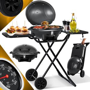 Griglia elettrica KESSER® 2in1 da tavolo - Griglia da appoggio con coperchio e base | max. 2400 Watt | Pieghevole | Termometro | Rivestimento antiaderente | Ripiani di appoggio per la piastra | 2 ruote |