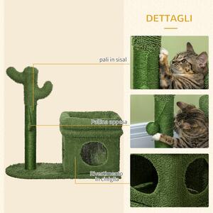 PawHut Tiragraffi per Gatti con Lettino, Casetta e Palo in Sisal a Forma di Cactus, 68x30x67cm, Verde