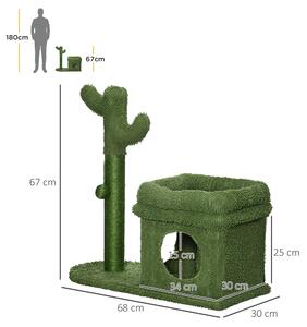 PawHut Tiragraffi Cactus per Gatti, Lettino Accogliente, Casetta, Palo Sisal, Design Unico, 68x30x67cm - Verde