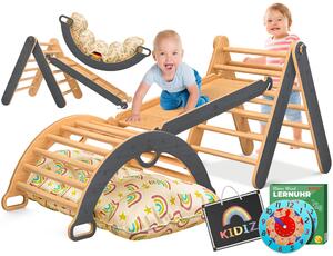 KIDIZ® Struttura per arrampicata Montessori a triangolo, set da gioco 7 in 1 in legno, parco giochi da interno per bambini da 1 a 3 anni, con cuscini, lavagna e orologio didattico inclusi