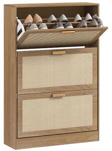 HOMCOM Mobile Scarpiera per 18 Paia di Scarpe con 3 Cassetti Ribaltabili in Legno e Rattan, 80x25x120 cm, Marrone