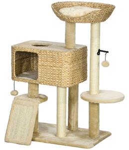 PawHut Albero Tiragraffi per Gatti con Casetta, Trespolo e Pallina, in Legno e Poliestere, 60x40x95 cm, Marrone e Beige|Aosom