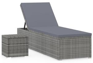 Lettino Prendisole con Cuscino e Tavolino in Polyrattan Grigio