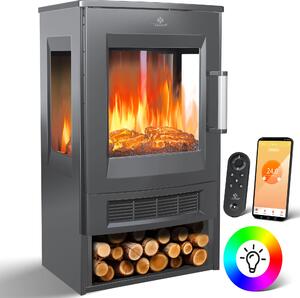 Camino elettrico KESSER® con riscaldamento, vetro panoramico, ventilatore, effetto fiamma a 9 LED, modalità colore, telecomando, app WiFi, 900/1800 W. Camino elettrico con termostato, funzione di riscaldamento e timer