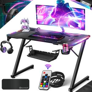 Tavolo da gaming KESSER® con LED | Scrivania da gaming a forma di Z | Gancio per cuffie e rivestimento in carbonio | Tavolo ergonomico per PC | Tavolo robusto con tappetino per mouse e portabevande - 100 cm x 60 cm