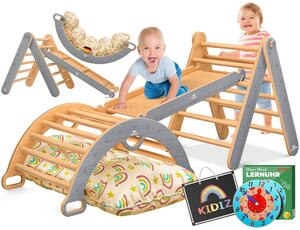 KIDIZ® Struttura per arrampicata Montessori a triangolo, set da gioco 7 in 1 in legno, parco giochi da interno per bambini da 1 a 3 anni, con cuscini, lavagna e orologio didattico inclusi