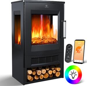 Camino elettrico KESSER® con riscaldamento, vetro panoramico, ventilatore, effetto fiamma a 9 LED, modalità colore, telecomando, app WiFi, 900/1800 W. Camino elettrico con termostato, funzione di riscaldamento e timer