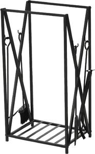 DecHome Portalegna da Interno ed Esterno in Acciaio Porta Legna per Camino con Attizzatoio Paletta Scopino Pinza 46x30x76cm Nero - 818DH61