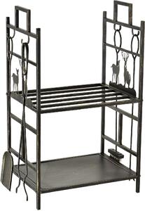DecHome Portalegna in Ferro Battuto con Attrezzi per Camino e Manici Base Porta Legna Rialzata e Decori 51.5x33x77cm Nero
